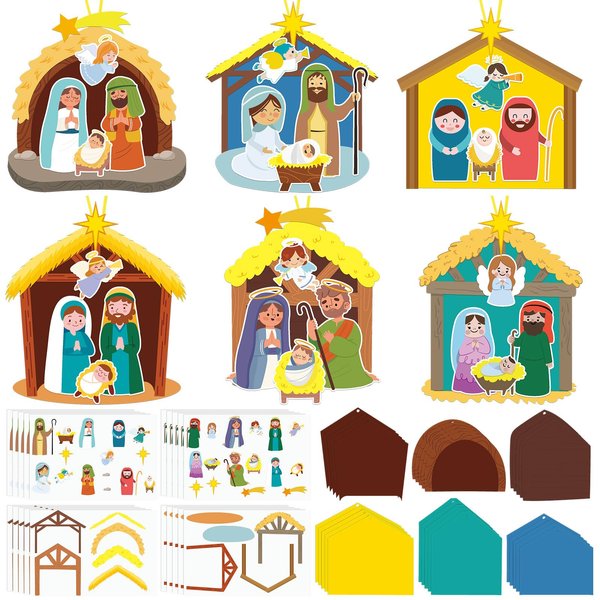 ReliThick 30 Sets Nativity Scene Craft Kit for Kids Nativity Crafts Stick Ornament Religious Crafts Kit Christian Christmas Tree Ornament Crafts with Rope for Kids Classroom Party Favors Supplies
