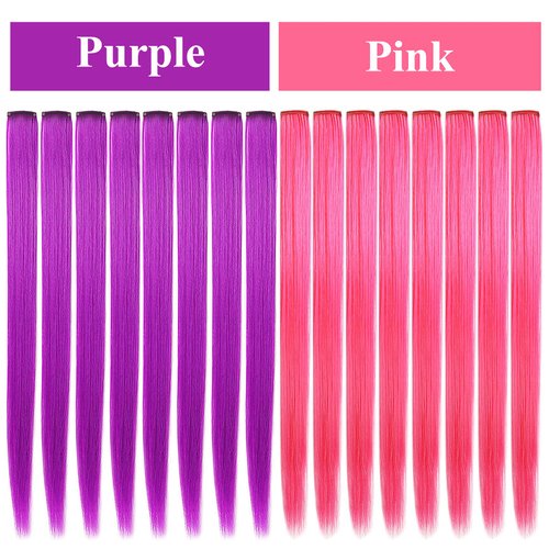 LSKJMO Pink and Purple Wig Pieces Colorful Party Highlights Clip in Coloured Hair Extensions Multicolors Straight Synthetic Hairpieces for Women Kids Girls
