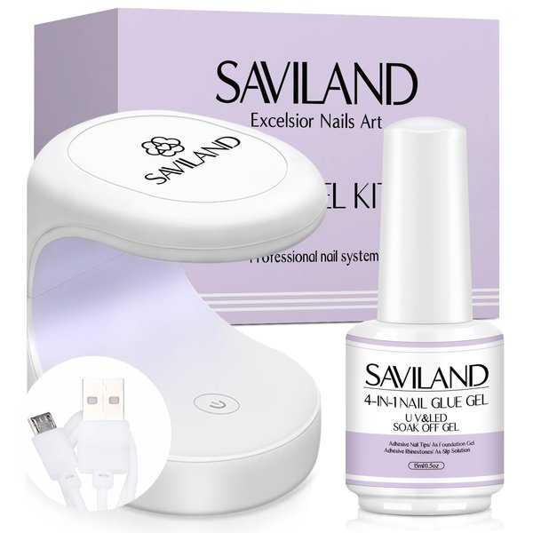 SAVILAND Gel X Nail Glue with Lamp, 4-in-1 U V Nail Glue Gel DUO 15 ML for Nail Tips and U V Nail Lamp for Nails Fast Curing Nail Glue for Gel X Nail Extension DIY Nail Art