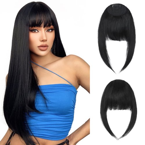 Hairro Clip In Bangs Human Hair French Bangs Flat Front Fringe Bang Hairpieces Side Bangs Clip On Bang With Temple Curtain Bangs Hair Clip Top Hairpiece For Women 14g #01 Dark Black