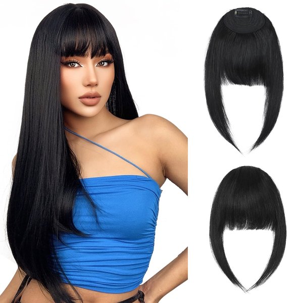 Hairro Clip In Bangs Human Hair French Bangs Flat Front Fringe Bang Hairpieces Side Bangs Clip On Bang With Temple Curtain Bangs Hair Clip Top Hairpiece For Women 14g #01 Dark Black