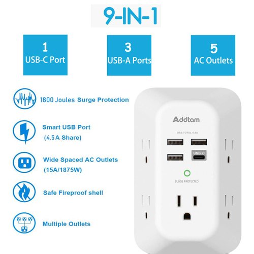 Addtam USB Wall Charger Surge Protector 5 Outlet Extender with 4 USB Charging Ports (1 USB C Outlet) 3 Sided 1800J Power Strip Multi Plug Outlets Wall Adapter Spaced for Home Travel Office ETL Listed