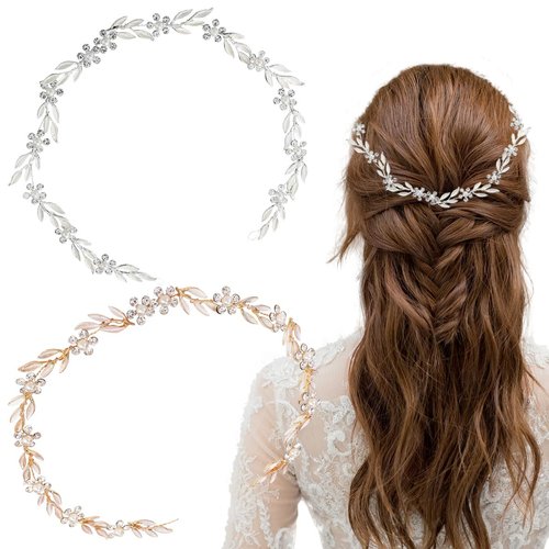 2 PCS Bride Wedding Hair Vine Headband Leaf Bridal Hairband Wedding Headpiece Leaf Pearl Crystal Hairpiece Tiara Crystal Head Vines Bridal Rhinestone Crystal Wedding Hair Accessories for Women Girls