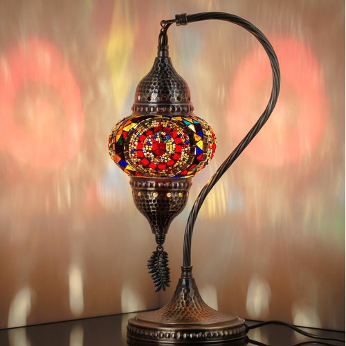 DEMMEX Authentic Turkish Lamp, Made in Turkey, Turkish Moroccan Mosaic Table Bedside Lamp, 100% Handcrafted, Antique Brass Color Metal Body and Hammered Metal Base, LED Bulb Included, 15" (Multicolor)