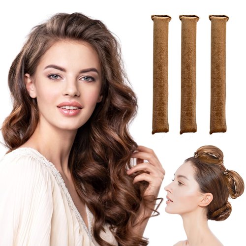 Heatless Hair Curler Rods and Overnight Rollers for Soft Curls - Flexi Curling Rods with Hook, 3PCS Khaki