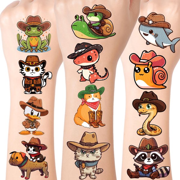 80 PCS Cowboy Temporary Tattoos for Party Supplies, Temporary Tattoo Stickers for Birthday Parties, Animal Tattoos Party Favor Activities, Waterproof Temporary Tattoos. (80 PCS Brown)