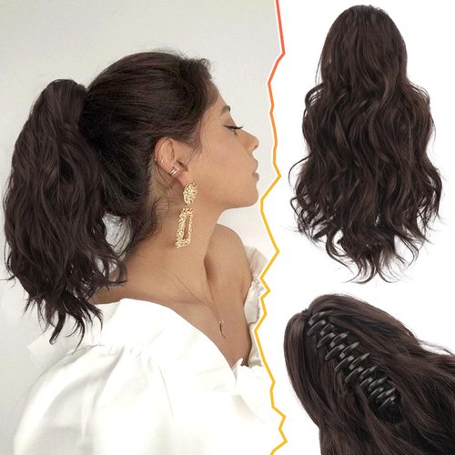 BARSDAR Short Wavy Ponytail Extension - 14 In Claw Clip Ponytail Hair Extensions for Women - Brown Hair Soft Synthetic Clip in Pony Tails Hairpieces Girls Daily Party - Chestnut Brown