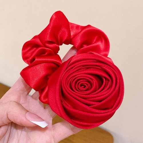 1Pc Wine Red Vintage Rose Flower Elastics Hair Ties Silk Satin Scrunchies Hair Band Ponytail Hold...