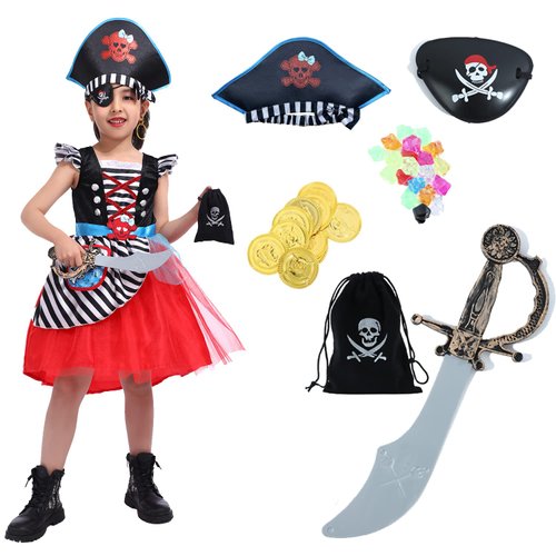 Girl's Pirate Costume Dress，Buccaneer Princess Dress With Sword,Eye-Patch,Coins,Jewels,Earring 5-6years