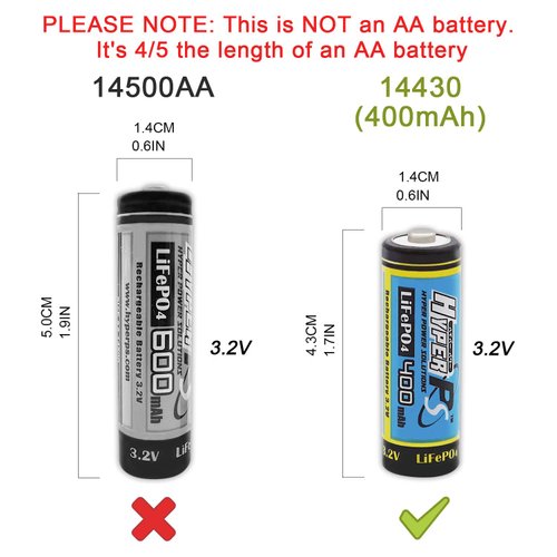 (4-Pack) HyperPS 3.2V LiFePo4 14430 (14 x 43mm) 400mAh Rechargeable Battery for Solar Panel Light, Tooth Brush, Shaver, Flashlight