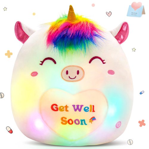 Athoinsu 12" Get Well Soon Unicorn Led Plush Pillow Soft Sofa Cushion Squishy Plushie Toy Cute Stuffed Animal Room Decor Feel Better Gifts for Recovering Patient