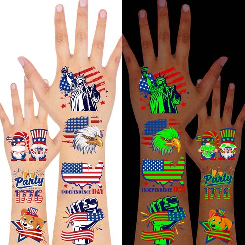 HOWAF 96pcs Glow in The Dark 4th of July Temporary Tattoos for Independence Day USA Patriotic Party Decorations, American Themed Luminous Face Tattoos for July 4th Party Favors Goodie Bag Fillers