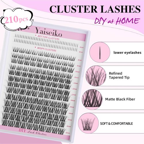 Lash Clusters with Bottom Lashes 210pcs Natural Cluster Lashes Mega Volume Wispy Individual Lashes D Curl Lash Extension Faux Mink Eyelash Clusters DIY at Home(6-16MIX)