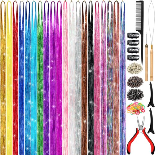 GrennMauler Hair Tinsel Kit (48 Inch, 20 Colors, 4800 strands), Tinsel Hair Extensions with Tools， Heat Resistant Fairy Hair Tinsel Kit for Women Girls Hair Accessories