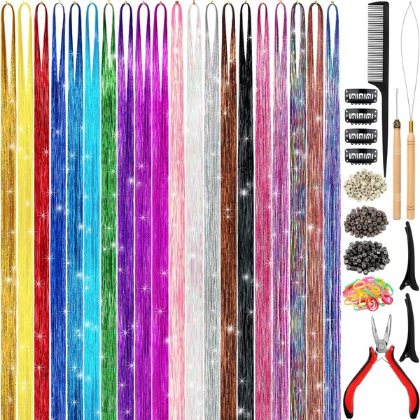GrennMauler Hair Tinsel Kit (48 Inch, 20 Colors, 4800 strands), Tinsel Hair Extensions with Tools， Heat Resistant Fairy Hair Tinsel Kit for Women Girls Hair Accessories