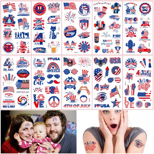 4th of July Temporary Tattoo Kids : 10 Sheets Tattoo Stickers Complete Independence Day Collectio...
