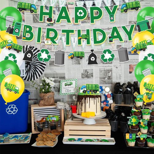 35 Pieces Garbage Truck Birthday Party Supplies Includes Garbage Truck Happy Birthday Banner, Garland, Cake Topper, Cupcake Toppers, Balloons for Trash Truck Waste Management Recycling Party Supplies