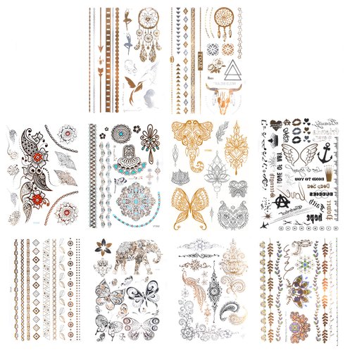 Kare & Kind Temporary Metallic Henna Tattoos for Women Teens Girls - 10 Sheets - Glitter Shimmer Designs Jewelry Fake Tattoo Stickers - 150+ pcs Waterproof Color Flash - Bracelets, Necklace, Anklets