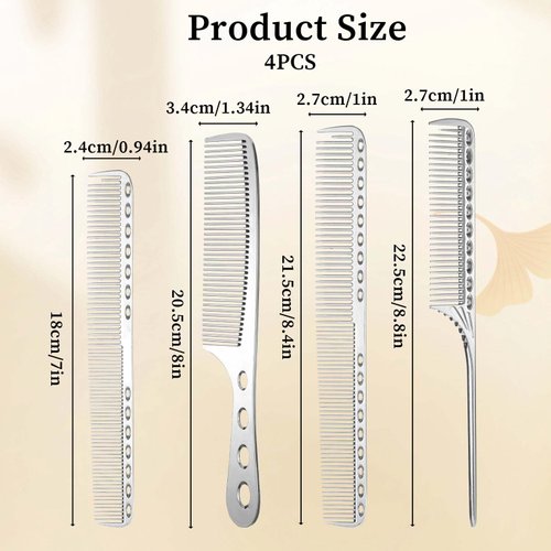 4 Types Metal Combs Professional Aluminum Dressing Comb for Hair Styling,Included Hair Cutting Comb,Metal Rat Tail Comb,Detangling Comb,Handle Comb for Women Men Barber Supplies