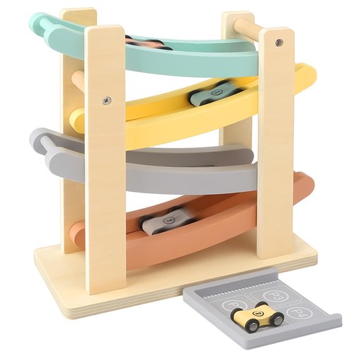 Wooden Car Ramp Toy for 1-2 Year Old Boy Girl Gifts - 4 Level Toddler Car Ramp Race Track Set with 4 Mini Cars & Garage - Montessori Baby Toys for 1 Year Old Christmas Birthday Gifts