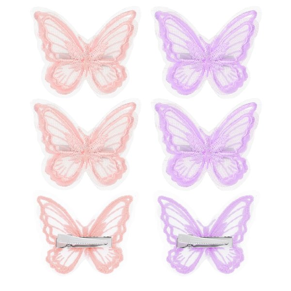 Butterfly Hair Clips, 6Pcs Cute Lace Embroidery Flower Butterfly Hair Bow for Women Girls, Fairy Butterfly Hair Pins Hair Accessories for Halloween Christmas Wedding Party Decor (Purple, Light Pink)