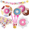 Donut Birthday Party Supplies, Serves 16, Includes Plates, Cups, Napkins, Cutlery, Banner and Tablecloth, for Donut Themed Baby Birthday Decoration, Disposable Tableware Party Pack for Girls and Boys