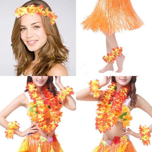 Hawaiian Leis Luau Tropical Headband Flower Crown Wreath Headpiece Wristbands Women Thicker Necklace Bracelets Hair Band For Summer Beach Vacation Pool Party Decorations Favors Supplies Set Yellow