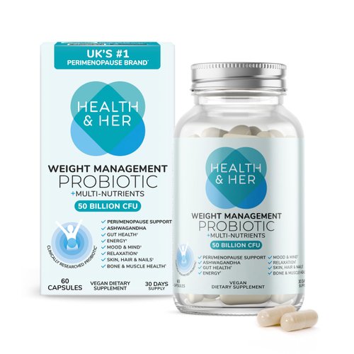 Health & Her Weight Management Probiotic | Perimenopause & Menopause - Clinically Studied 50bn CFU probiotic to Support Gut Health, Energy, Mood & Mind. 1 Month Supply - 60 Vegan Tablets