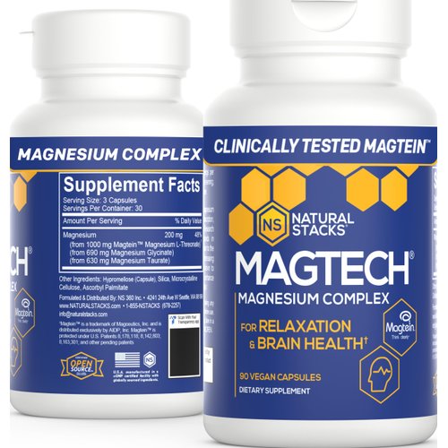 MagTech Magnesium Supplement - Chelated Magnesium Complex - 3 Forms of Magnesium: Magtein Magnesium L-Threonate, Glycinate & Taurate - Supports Relaxation & Brain Health, 90 Magnesium Capsules