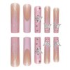 24Pcs Long Square Press on Nails Pink French Tip Fake Nails Silver Glitter with Flower Full Cover Tips Glue on Nails Artificial Acrylic False Nails Butterfly Charms Design for Women Nails Decorations