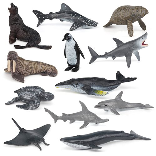 Atralo Service Ocean Sea Animal Model Figures Playsets 12 PCS Realistic Mini Sea Animal Figure Toys Blue Shark Walrus Sea Lions Desktop Decoration Collection Party Favors Toys for Kids