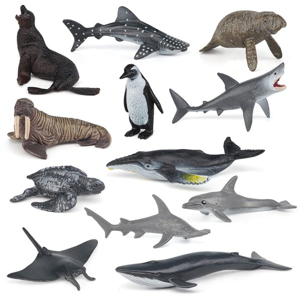 Atralo Service Ocean Sea Animal Model Figures Playsets 12 PCS Realistic Mini Sea Animal Figure Toys Blue Shark Walrus Sea Lions Desktop Decoration Collection Party Favors Toys for Kids