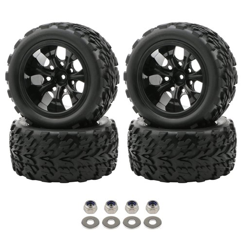 4x 1:10 RC Monster Truck Car Wheels Rubber RC Tires with 7 Spokes Wheel Rim Black RC Parts