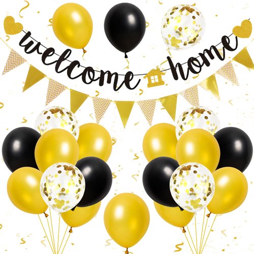 Welcome Home Decorations,Black Gold Welcome Home Balloons Banners Set,Welcome Home Glitter Banner with Confetti Balloons,Pennant Flag Bunting for Home Family Baby Shower Welcome Back Party Supplies