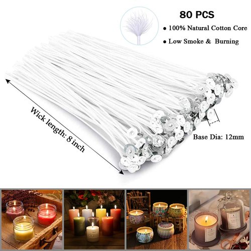Bulk Cotton Candle Wick 8" Pre-Waxed 80 Pcs with 60Pcs Candle Wick Stickers, 5Pcs Candle Wick Centering Device and 20PCS Metal Tabs for Candle Making (80pcs 20cm Wick kit)