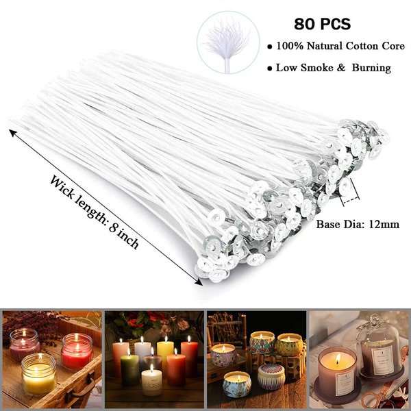 Bulk Cotton Candle Wick 8" Pre-Waxed 80 Pcs with 60Pcs Candle Wick Stickers, 5Pcs Candle Wick Centering Device and 20PCS Metal Tabs for Candle Making (80pcs 20cm Wick kit)