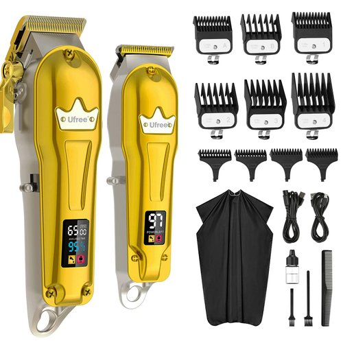Ufree Hair Clippers for Men Professional, Metal Barber Clippers and Trimmers Set, Cordless Hair Cutting Kit with LCD Display, Beard Hair Trimmer, T Liners Edgers Clippers, Gifts for Men, Gold