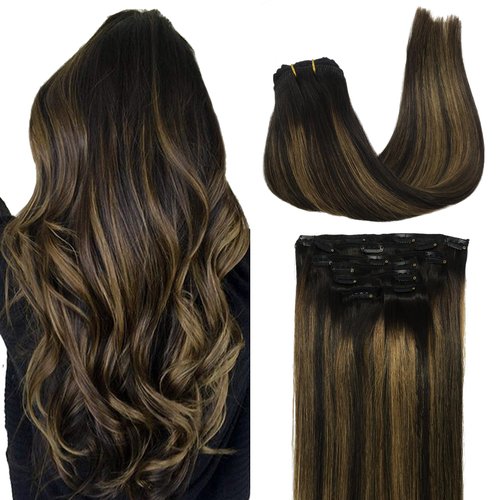 GOO GOO Clip in Hair Extensions Real Human Hair, 14inch 120g 7Pcs, 1B/6/1B Balayage Natural Black to Chestnut Brown, Remy Human Hair Extensions Clip ins for Women, Natural Human Hair