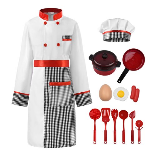 ReliBeauty Kids Chef Costume Set for Kids Boys Girls Role Play with Detachable Apron, 100 White
