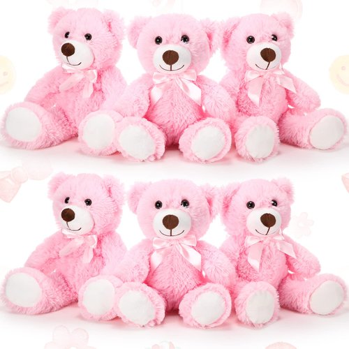 Aoriher 6 Pieces Bear Bulk Stuffed Animal Baby Shower Bear Plush Toys Soft Cute Bear Graduation Gifts Sleeping and Playing Decorations(Pink)