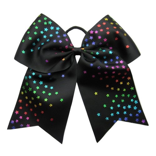 New "BLACK RAINBOW STARS" Cheer Bow Pony Tail 7 Inch Girls Hair Bows Cheerleading Dance Practice Football Games Competition Birthday Metallic Sparkle Foil Grosgrain Ribbon