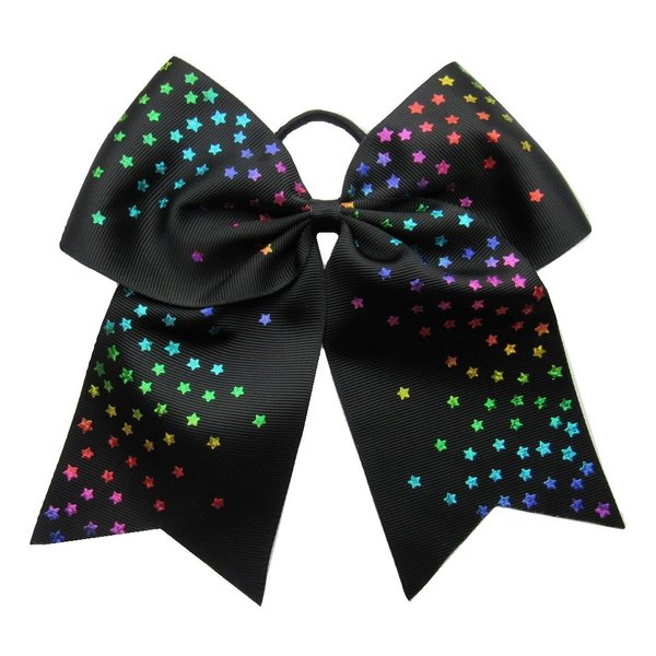 New "BLACK RAINBOW STARS" Cheer Bow Pony Tail 7 Inch Girls Hair Bows Cheerleading Dance Practice Football Games Competition Birthday Metallic Sparkle Foil Grosgrain Ribbon