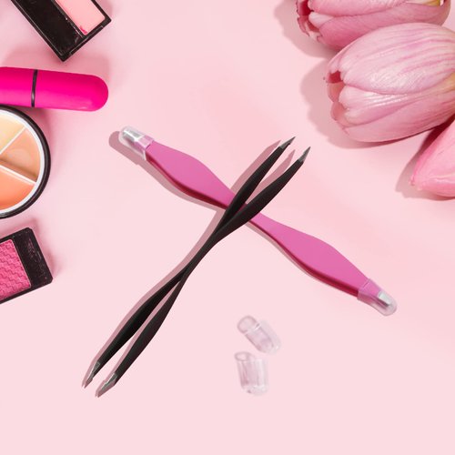 NUOMI 2 Pack Eyebrow Tweezers Double Ends Stainless Steel Tweezers Makeup Tools with Slant/Pointed Tips for Removing Facial Hair, Ingrown Hair, Pink and Black