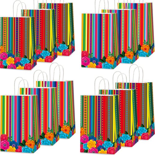 12pcs Mexican Fiesta Party Favor Bags Mexican Treat Bags Cinco De Mayo Candy Bag Floral Stripes G...