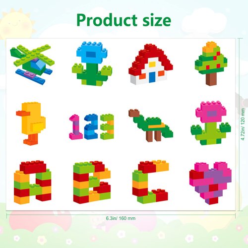 HOWAF 96pcs Neon Color Building Block Temporary Tattoos for Kids, 8 Sheets Cute Colorful Building Bricks Tattoos Stickers for Boys Girls Birthday Party Supplies, Building Blocks Party Decorations Fake Tattoos Sheets