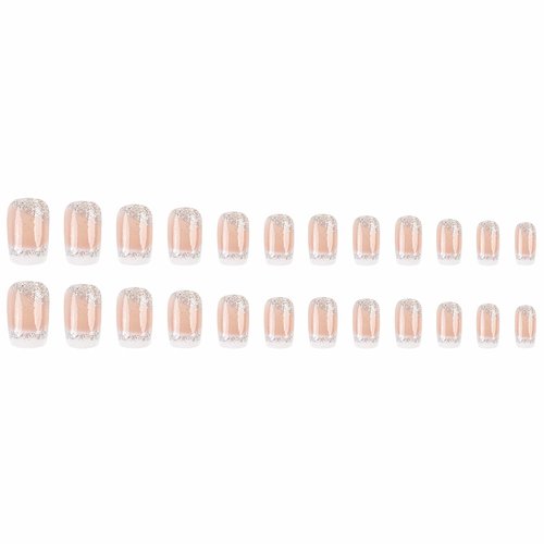 MISUD Press on Nails Short Square Fake Nails Glossy Glue on Nails Nude Ombre Acrylic Nails Squoval Artificial Nails Bling Glitter Stick on False Nails with White French Tip Design 24 pcs