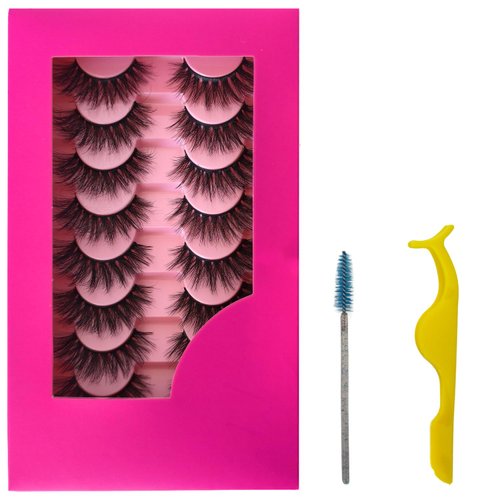 BTLLSSH 8Pair 3D5D 0.67INCH Volume Cat Eye Lashes Extension Thick False Eyelashes Cross Fluffy Natural Look Faux Mink Lashes with Dark Pink Box