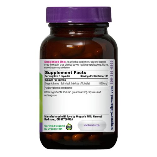 Oregon's Wild Harvest, Certified Organic Lemon Balm, Herbal Supplement Vegan Supplement, 1125 MGS, 90 Count