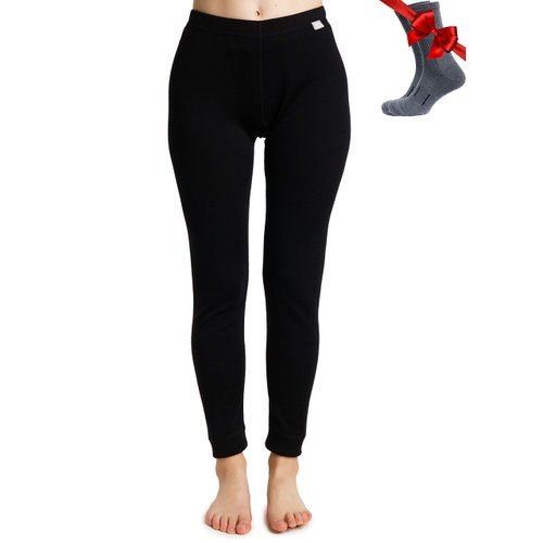 Merino Wool Base Layer Women Pants 100% Merino Wool Leggings Thermal Underwear Bottoms Midweight + Wool Socks (Medium, Black)