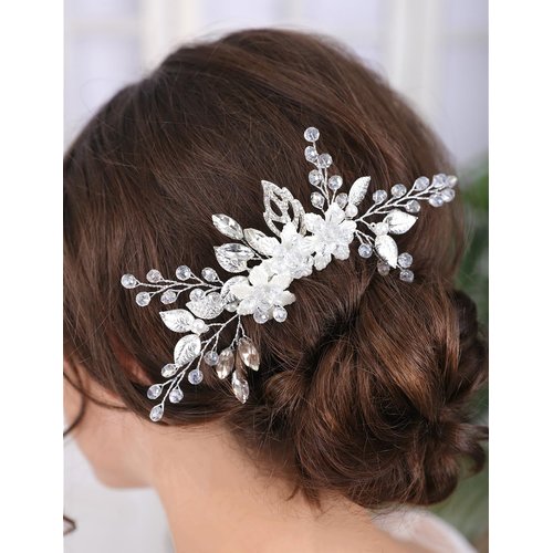 Teyglen Silver Flower Wedding Hair Comb Bridal Crystal Hair Comb Decorative Hair Accessories for Bride Rhinestone Flower Headpiece for Women Girls